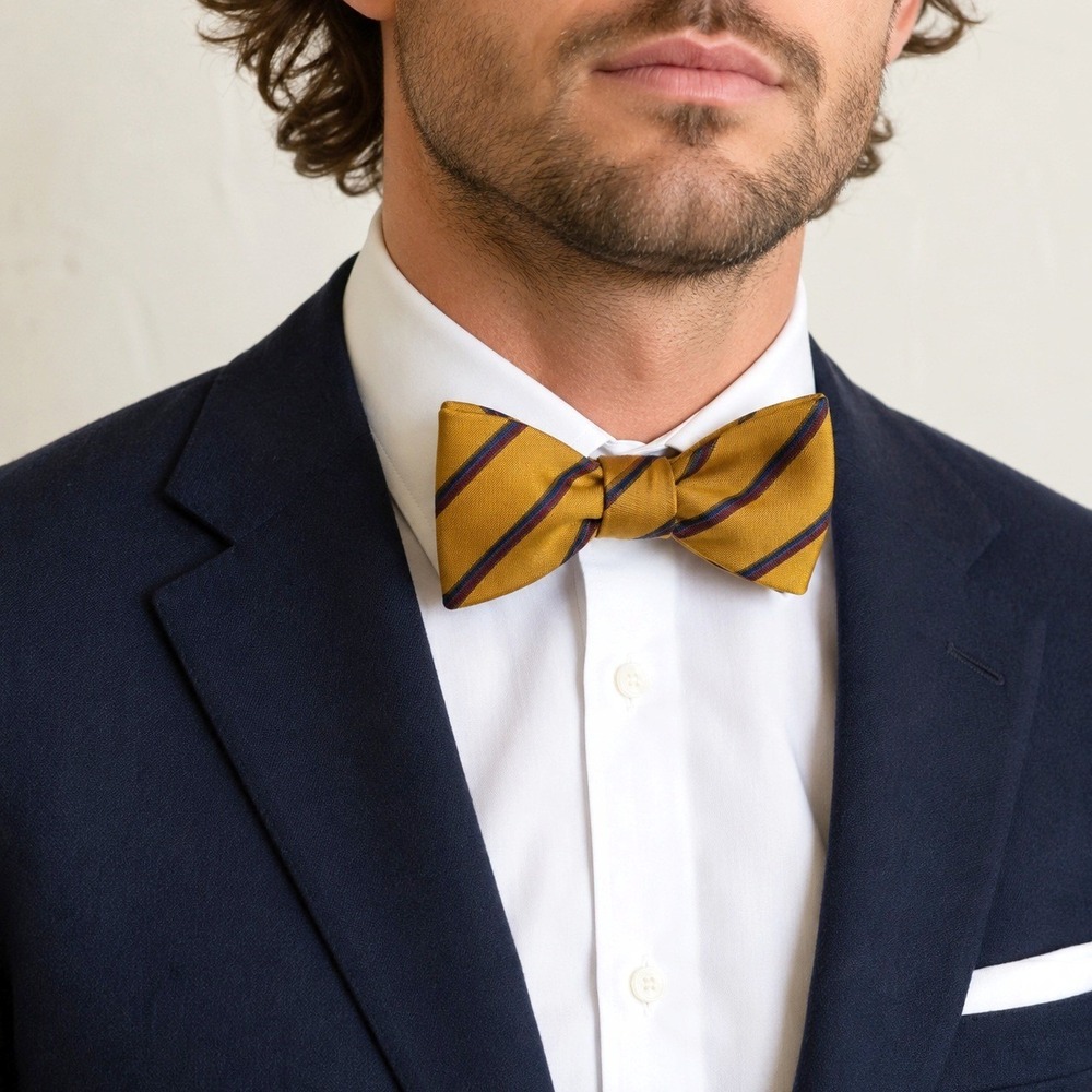 J Hanamer Silk Self Tie Bow Tie Gold‎ Navy Burgundy Repp Stripe USA Handmade Ivy